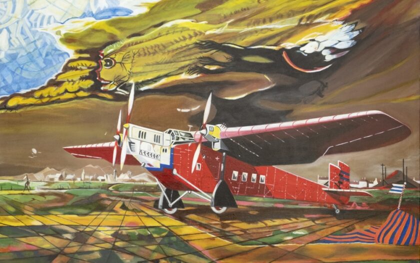 A painting, abstact landscape in the back, a red airplane in the foreground.