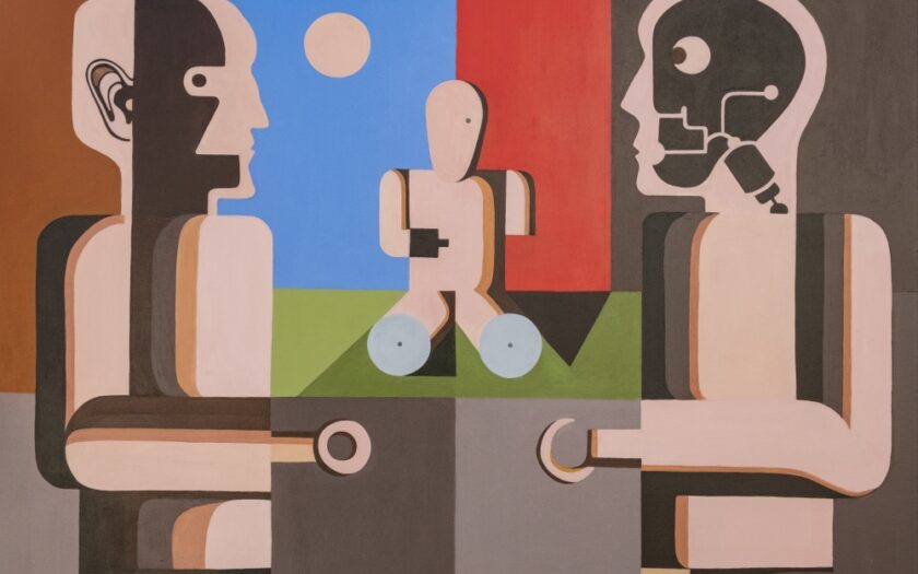 Ein Gemälde, abstrakte Darstellung von Menschen mit fehlenden oder Ersatz-Gliedmaßen